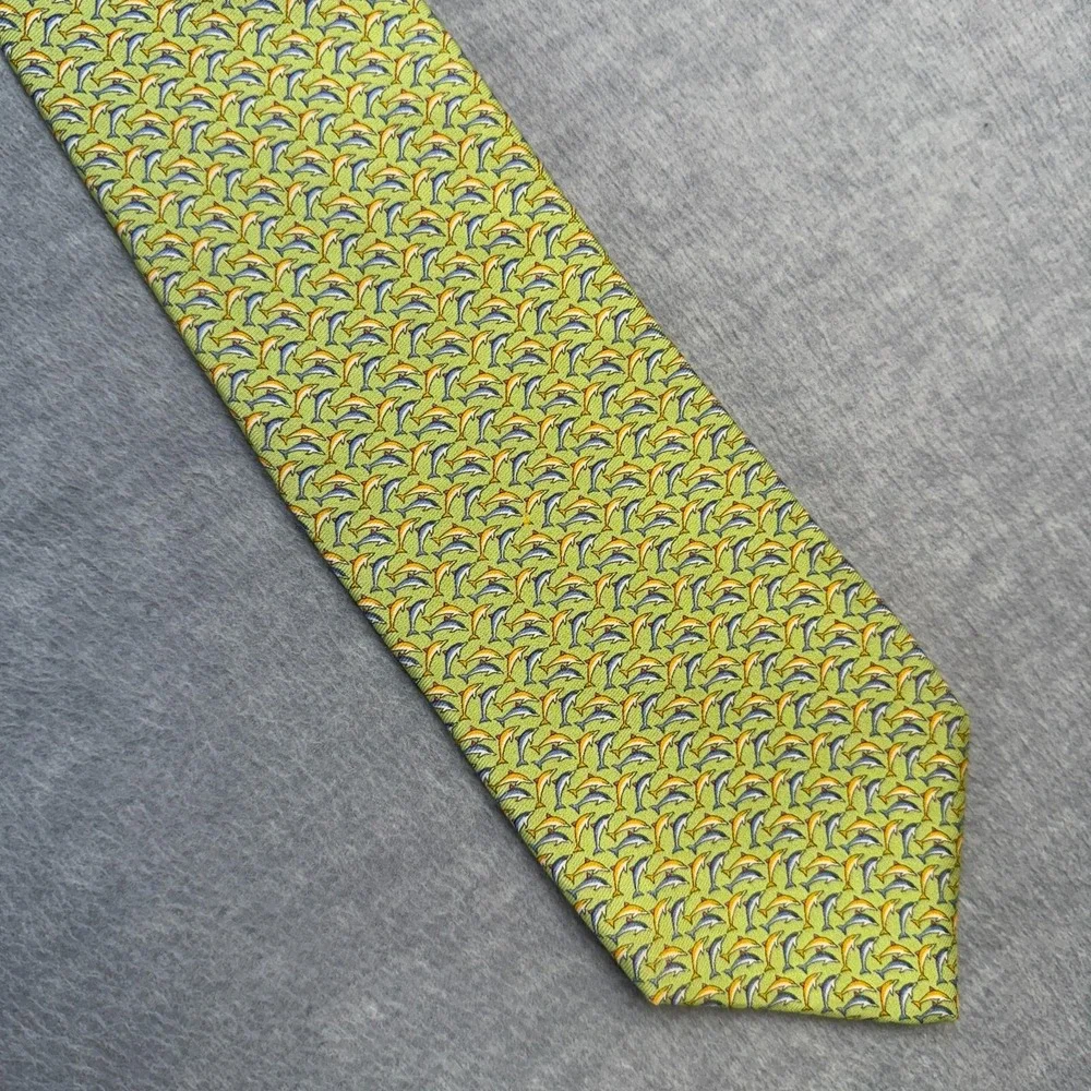 Brooks Brothers‎ Makers Tie Green Yellowish Dolphin Geometric Silk Beach Necktie